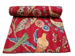 Indian Cotton Red Bird Print Kantha Quilt Bedding Throw Sofa Coverlet Bedspread Queen Size Handmade Vintage Blanket