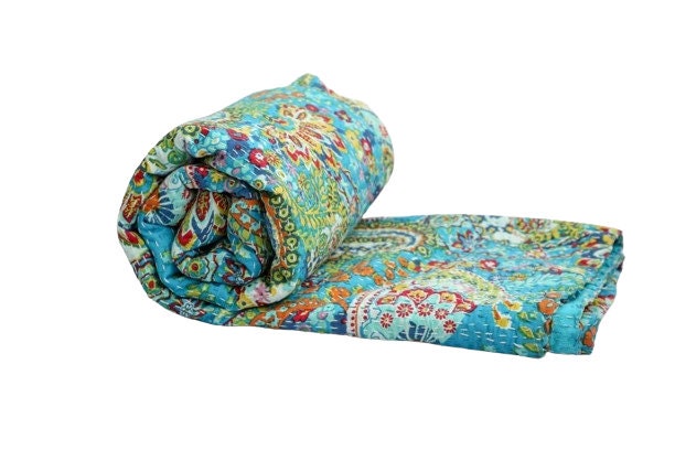 Handmade Kantha Quilt Blanket – Single Size Cotton Bedspread with Turquoise Paisley Print