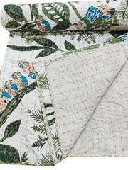 Indian Handmade Owl Print Kantha Quilt – 100% Cotton Queen Size Bedspread, Bedding & Throw
