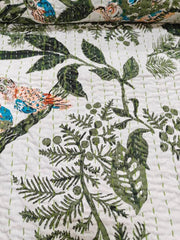 Indian Handmade Owl Print Kantha Quilt – 100% Cotton Queen Size Bedspread, Bedding & Throw
