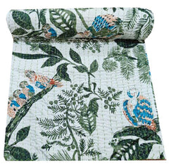 Indian Handmade Owl Print Kantha Quilt – 100% Cotton Queen Size Bedspread, Bedding & Throw