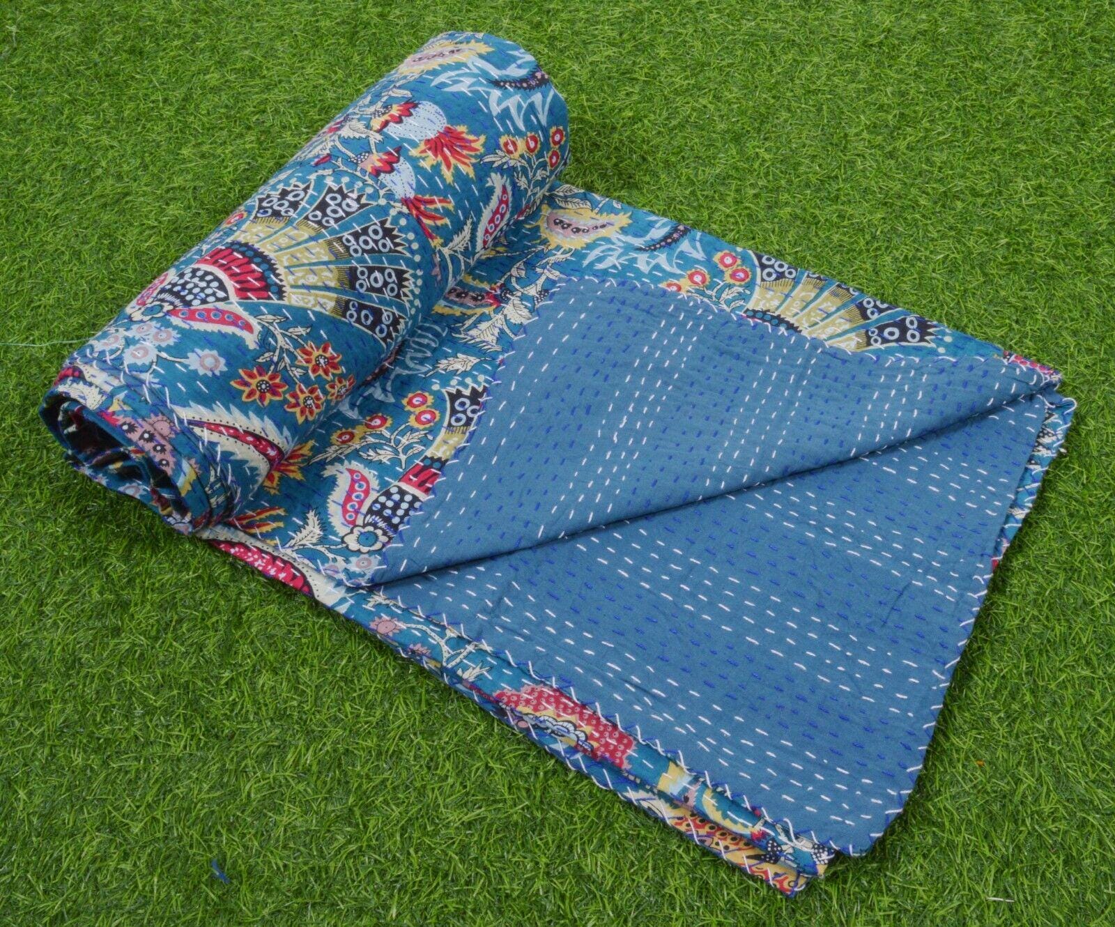 Handmade Indian patchwork print Kantha Quilt, Kantha Blanket, Throw, Kantha, Bedspread Bedding, Throw Single Size