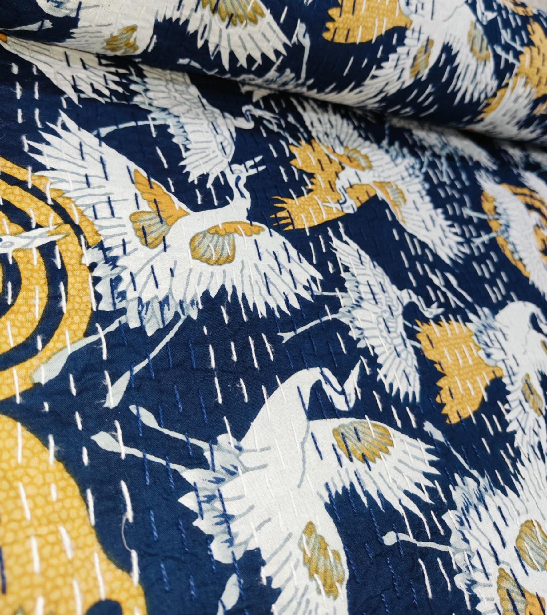 Indian Bird Print Kantha Quilt – Handmade Vintage Cotton Queen Size Bedspread & Throw