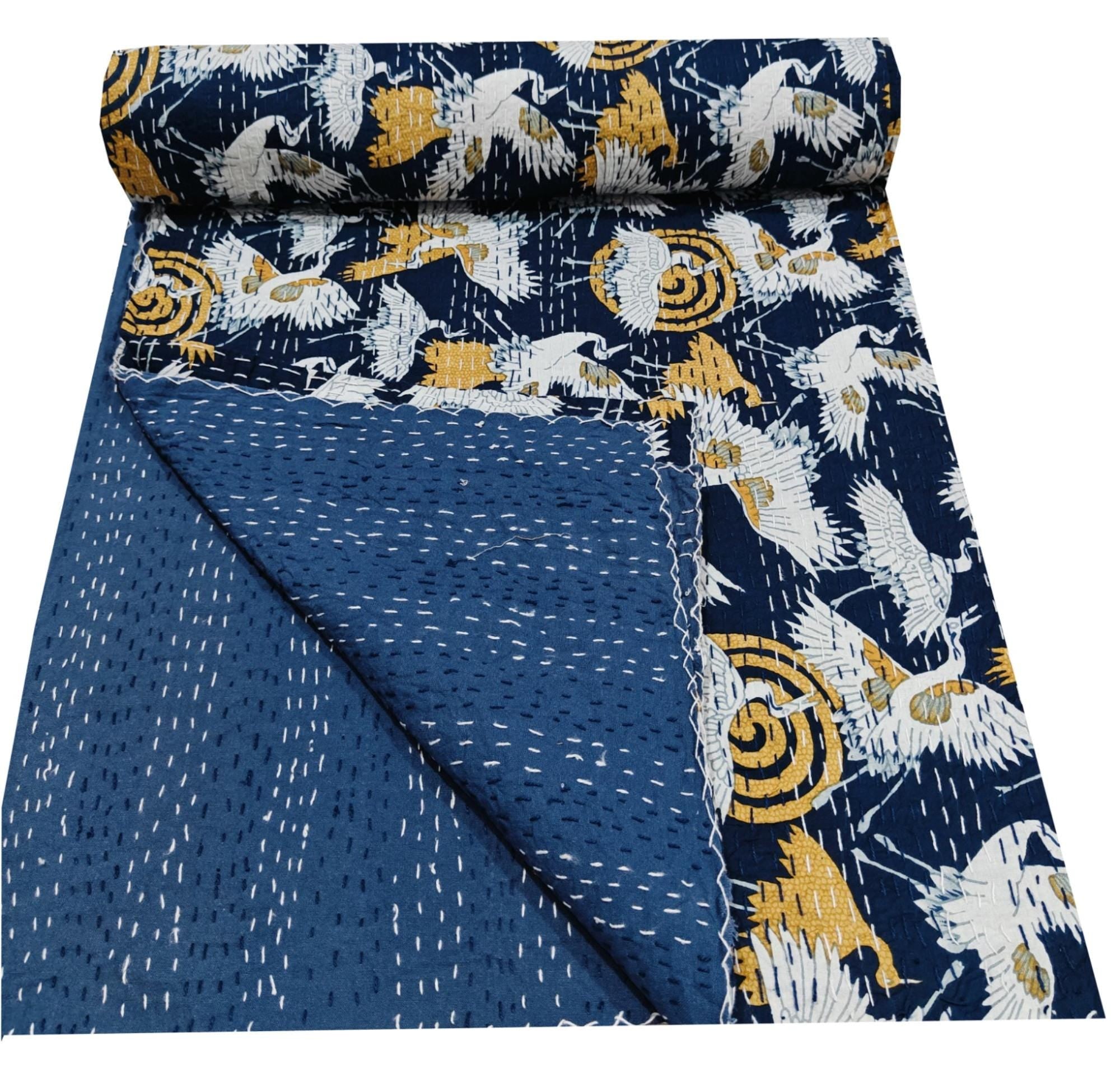 Indian Bird Print Kantha Quilt – Handmade Vintage Cotton Queen Size Bedspread & Throw