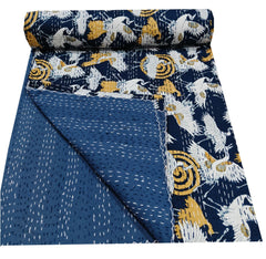 Indian Bird Print Kantha Quilt – Handmade Vintage Cotton Queen Size Bedspread & Throw