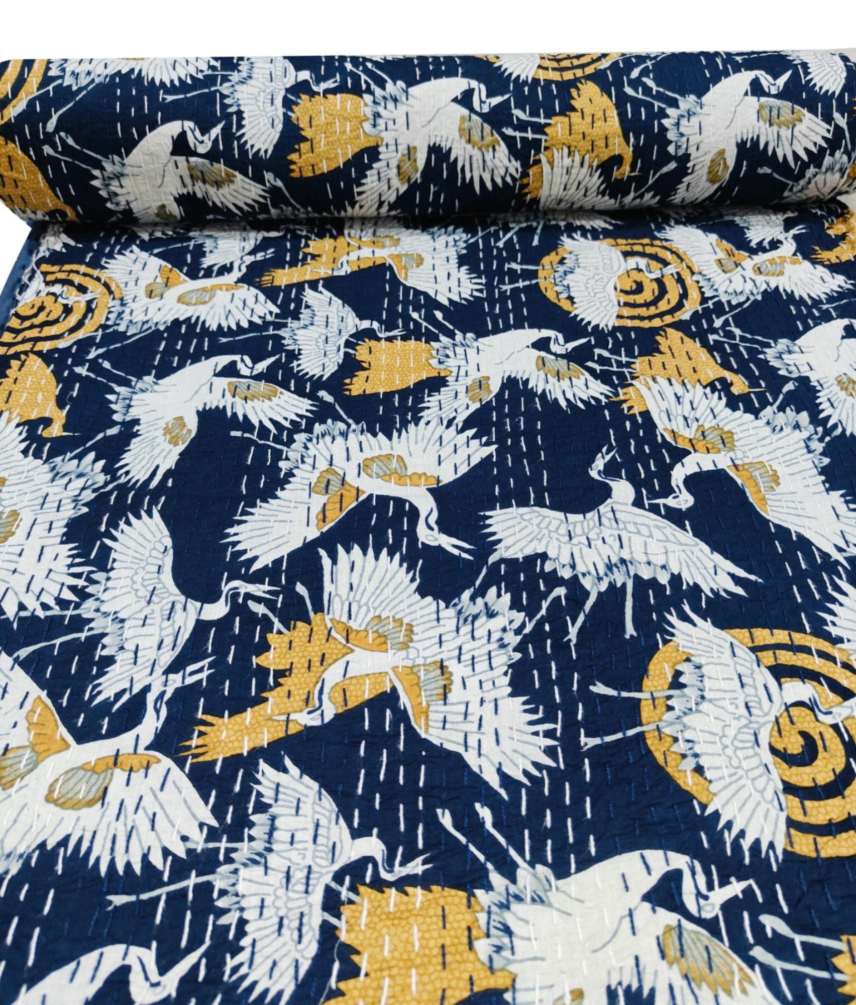 Indian Bird Print Kantha Quilt – Handmade Vintage Cotton Queen Size Bedspread & Throw