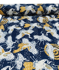 Indian Bird Print Kantha Quilt – Handmade Vintage Cotton Queen Size Bedspread & Throw