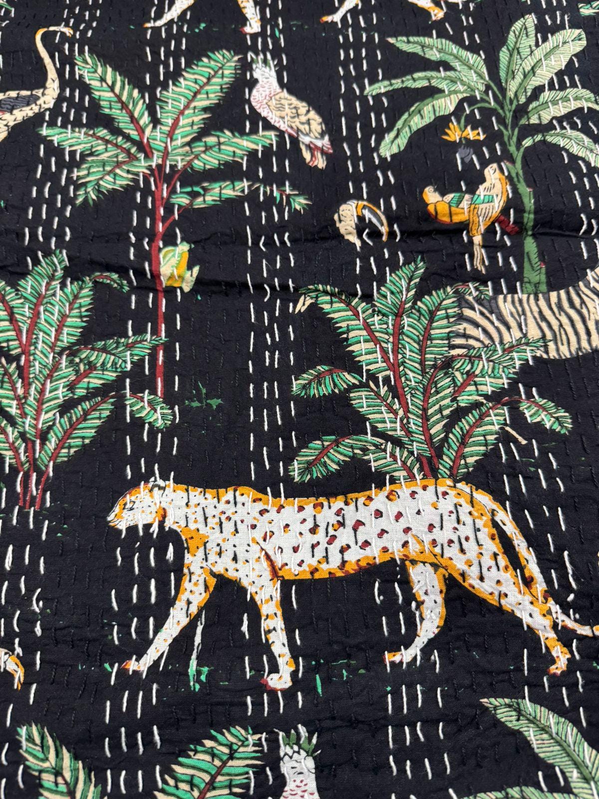 Indian Kantha Quilt Hand Block Print Vintage Kantha Throw Blanket Bedspread Boho Queen Size Cotton Large Animal Print Bed Cover Sofa