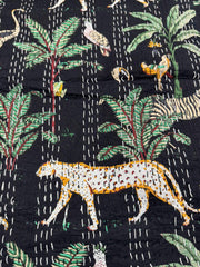 Indian Kantha Quilt Hand Block Print Vintage Kantha Throw Blanket Bedspread Boho Queen Size Cotton Large Animal Print Bed Cover Sofa