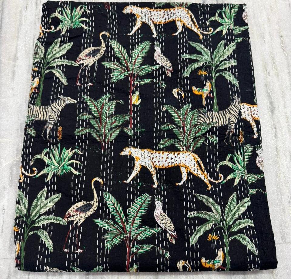 Indian Kantha Quilt Hand Block Print Vintage Kantha Throw Blanket Bedspread Boho Queen Size Cotton Large Animal Print Bed Cover Sofa