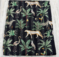 Indian Kantha Quilt Hand Block Print Vintage Kantha Throw Blanket Bedspread Boho Queen Size Cotton Large Animal Print Bed Cover Sofa