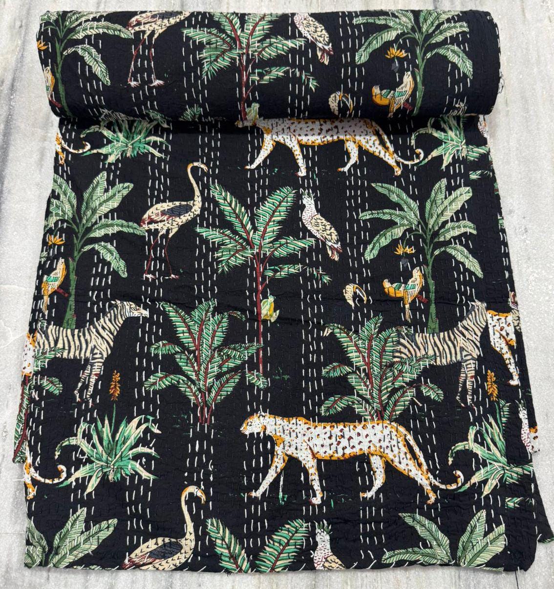 Indian Kantha Quilt Hand Block Print Vintage Kantha Throw Blanket Bedspread Boho Queen Size Cotton Large Animal Print Bed Cover Sofa