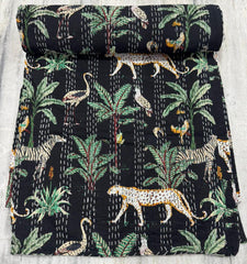Indian Kantha Quilt Hand Block Print Vintage Kantha Throw Blanket Bedspread Boho Queen Size Cotton Large Animal Print Bed Cover Sofa