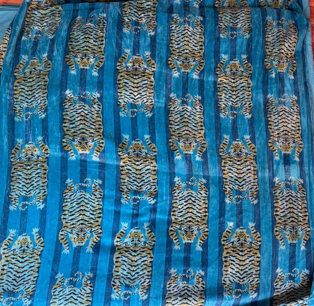Turquoise Printed Cotton Velvet Fabric
