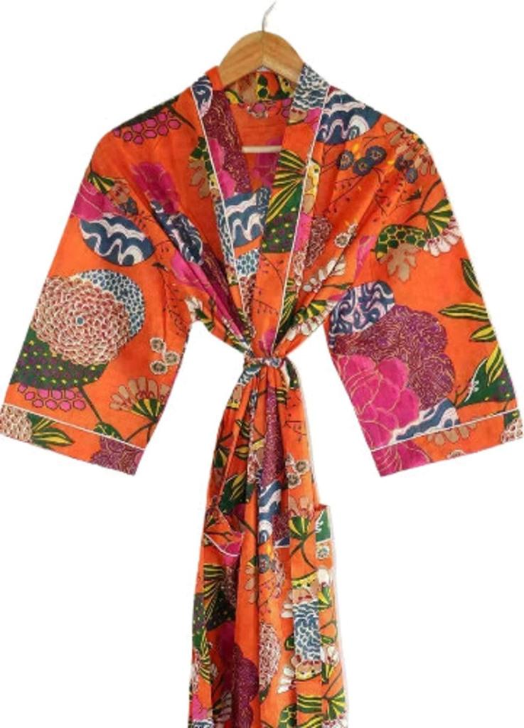 Indian Large Orange Floral Print Cotton Bathrobe – Women’s Kimono Dressing Gown & Nightwear
