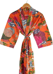 Indian Large Orange Floral Print Cotton Bathrobe – Women’s Kimono Dressing Gown & Nightwear