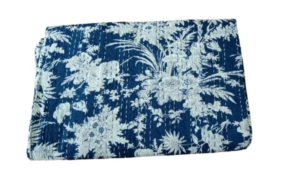 Indian Floral Print Kantha Quilt- Traditional  Vintage Boho Queen Size Bedspread