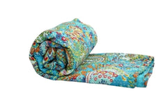 Handmade Kantha Quilt Blanket – Single Size Cotton Bedspread with Turquoise Paisley Print