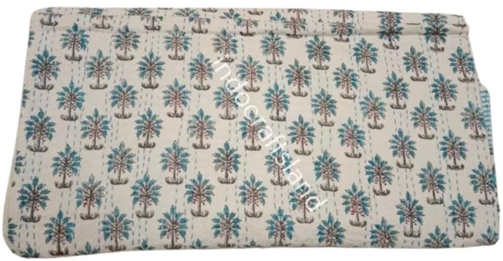 Indian Kantha Quilt – Block Print Floral Cotton Blanket, Handmade Bedspread, King/Queen/Twin