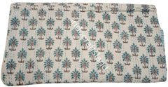 Indian Kantha Quilt – Block Print Floral Cotton Blanket, Handmade Bedspread, King/Queen/Twin