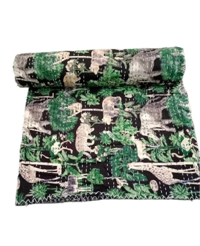 Vintage Kantha Quilt – Hand Block Printed Cotton Blanket & Bedspread, Twin/Queen/King Sizes