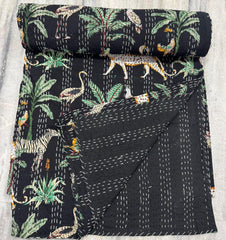 Indian Kantha Quilt Hand Block Print Vintage Kantha Throw Blanket Bedspread Boho Queen Size Cotton Large Animal Print Bed Cover Sofa