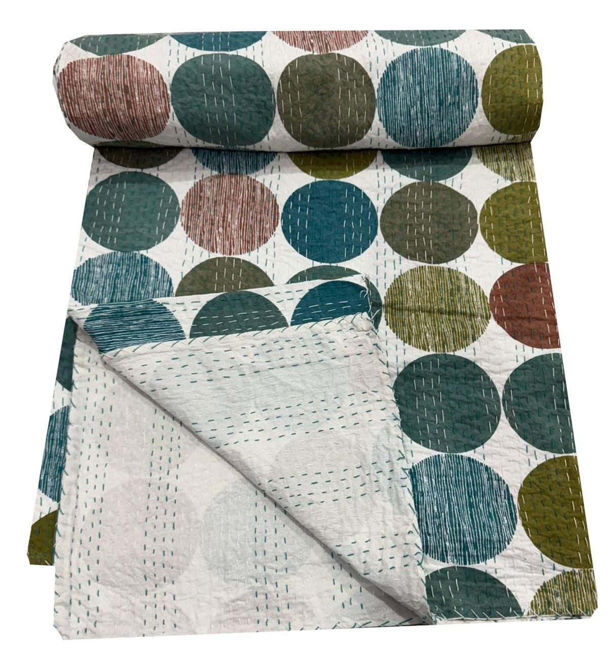 Mehrfarbiger gesteppter Kantha-Steppstoff mit Handblockdruck, gepunkteter Blockdruck, Kantha-Tagesdecke, Kantha-Steppdecke, Überwurf, Doppelgröße