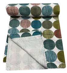 Mehrfarbiger gesteppter Kantha-Steppstoff mit Handblockdruck, gepunkteter Blockdruck, Kantha-Tagesdecke, Kantha-Steppdecke, Überwurf, Doppelgröße