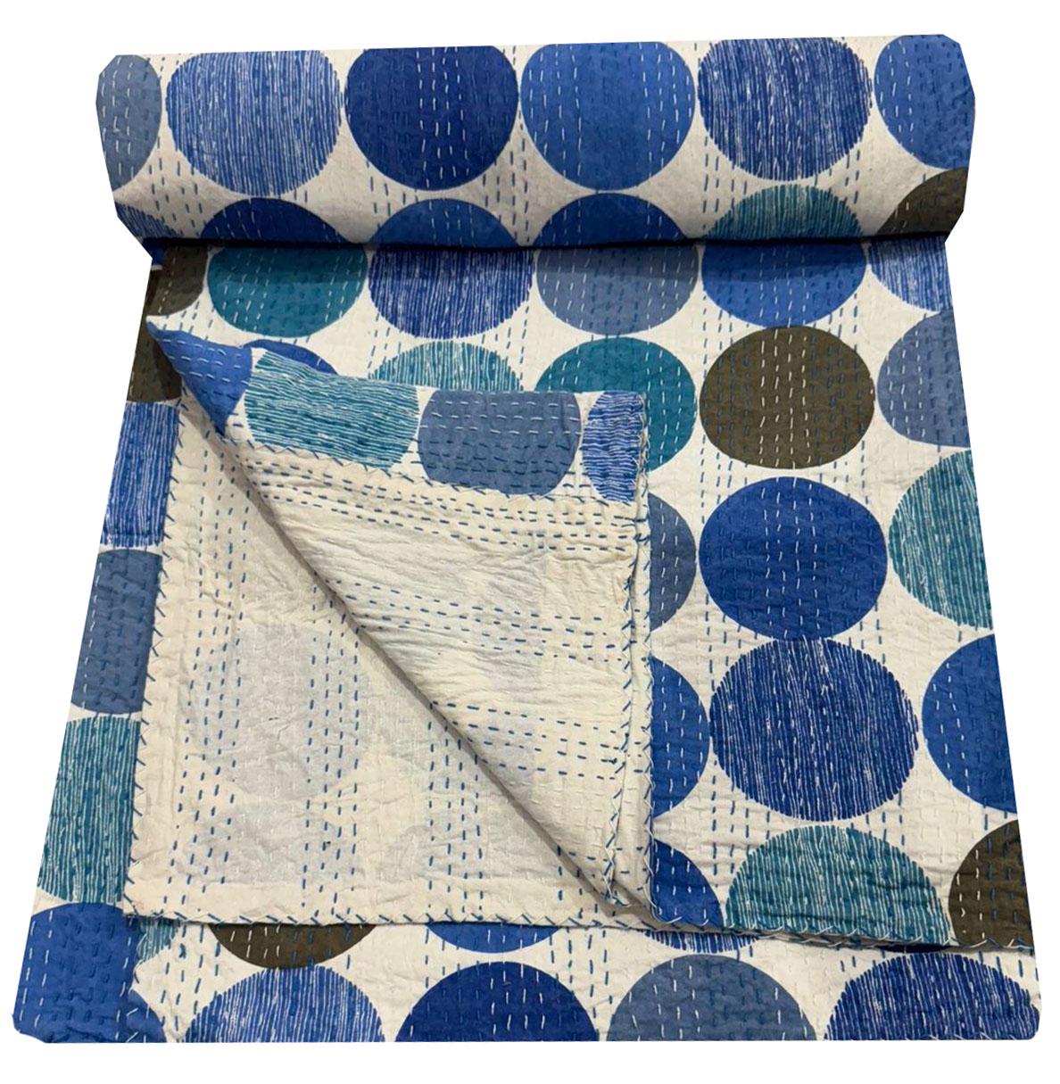 Türkis gepunkteter Kantha-Steppstoff, Handblockdruck, Kantha-Steppdecke, gepunkteter Blockdruck, Kantha-Tagesdecke, Kantha-Steppdecke, Kantha-Überwurf, doppelt