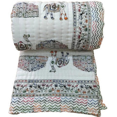 Kantha-Steppdecke mit Tiermuster, Jaipuri Razai-Überwurfdecke für Wohn- und Schlafzimmer, mehrfarbige Boho- und Boho-Baumwollfüllung, Queen-Size-Größe