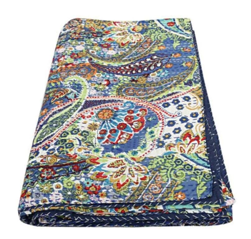Indian Handmade Kantha Quilt Throw – Reversible Cotton Bedspread, Single & Double Size