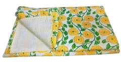 Indian Kantha Quilt – Hand Sewn Flower Print Cotton Blanket, Double Size Throw