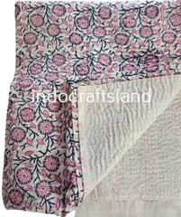 Handbedruckte Doppel-Boho-Kantha-Steppdecke im Vintage-Stil, indische Kantha-Tagesdecke, handgenähte Kantha-Überwurfdecke aus Baumwolle im Vintage-Stil