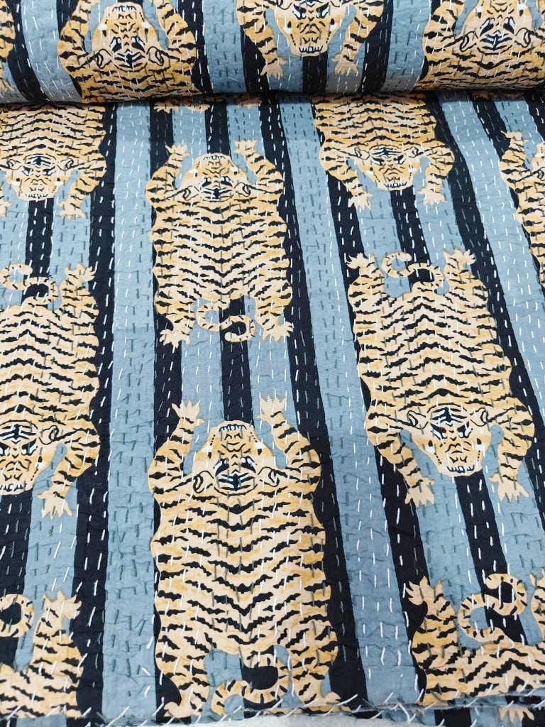 Indian Cotton Kantha Quilt Bedding – Handmade Vintage Queen Size Bedspread & Throw with Tiger Print