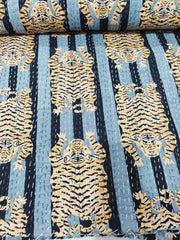 Indian Cotton Kantha Quilt Bedding – Handmade Vintage Queen Size Bedspread & Throw with Tiger Print