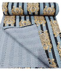 Indian Cotton Kantha Quilt Bedding – Handmade Vintage Queen Size Bedspread & Throw with Tiger Print