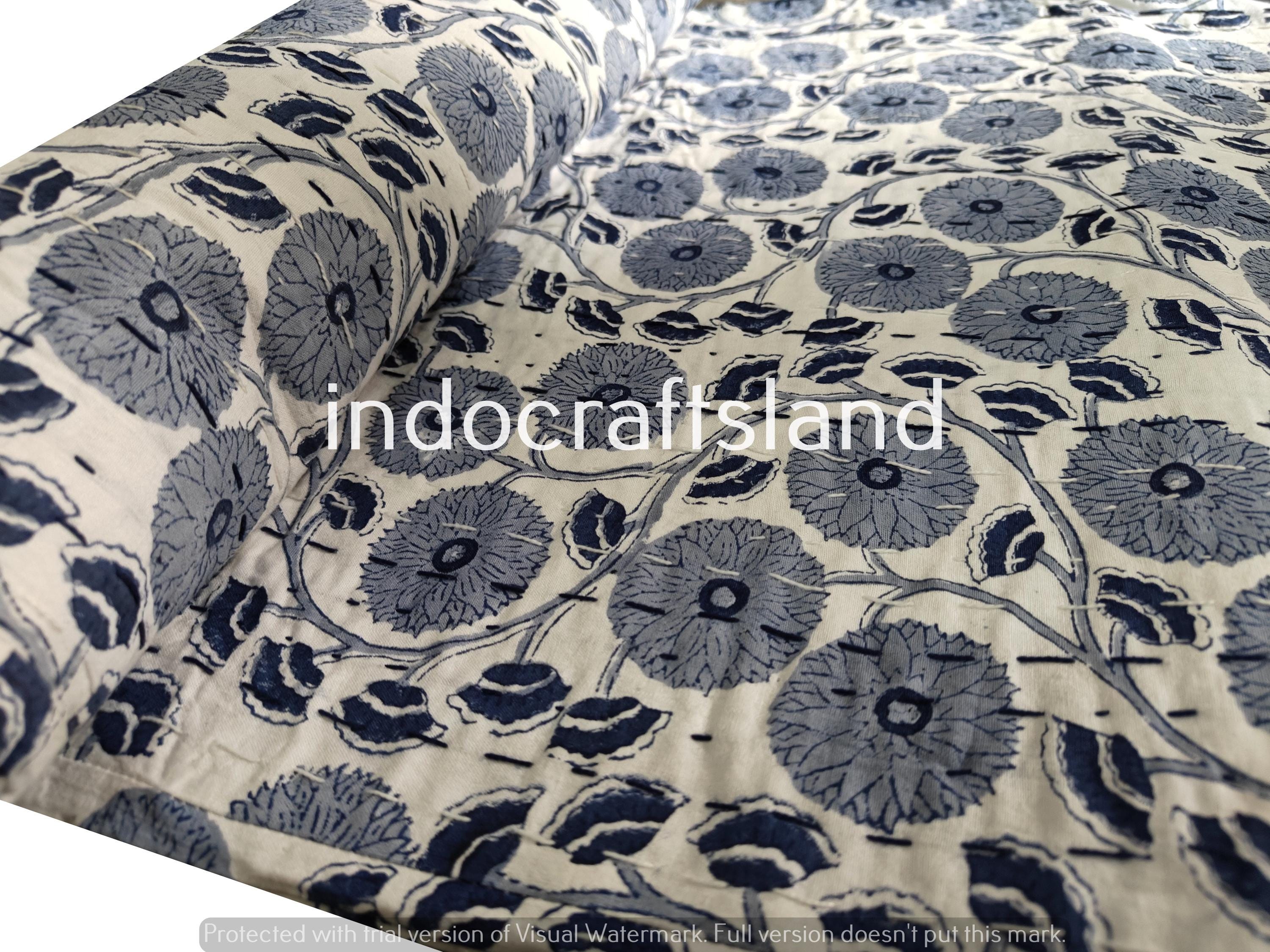 Handblockdruck Indischer Kantha Quilt Baumwollstoff Blumenmuster Designer Quilt King Size Tagesdecke, Queen Kantha Tagesdecke