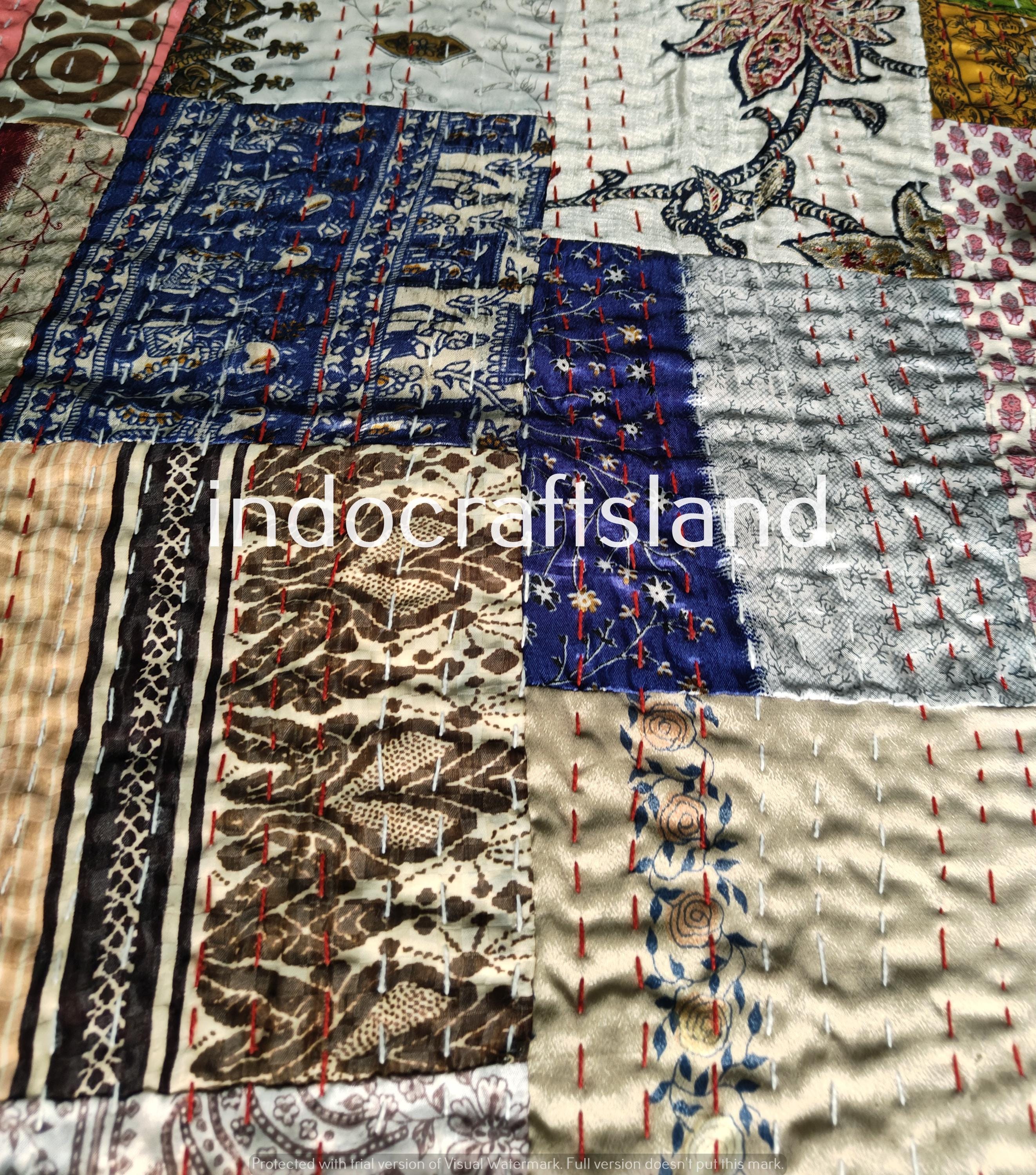 Handmade Multi Silk Patola Patchwork Kantha Quilt – Double Size Bedspread & Throw Blanket with Silk Patches