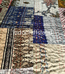 Handmade Multi Silk Patola Patchwork Kantha Quilt – Double Size Bedspread & Throw Blanket with Silk Patches