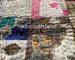 Handmade Multi Silk Patola Patchwork Kantha Quilt – Double Size Bedspread & Throw Blanket with Silk Patches