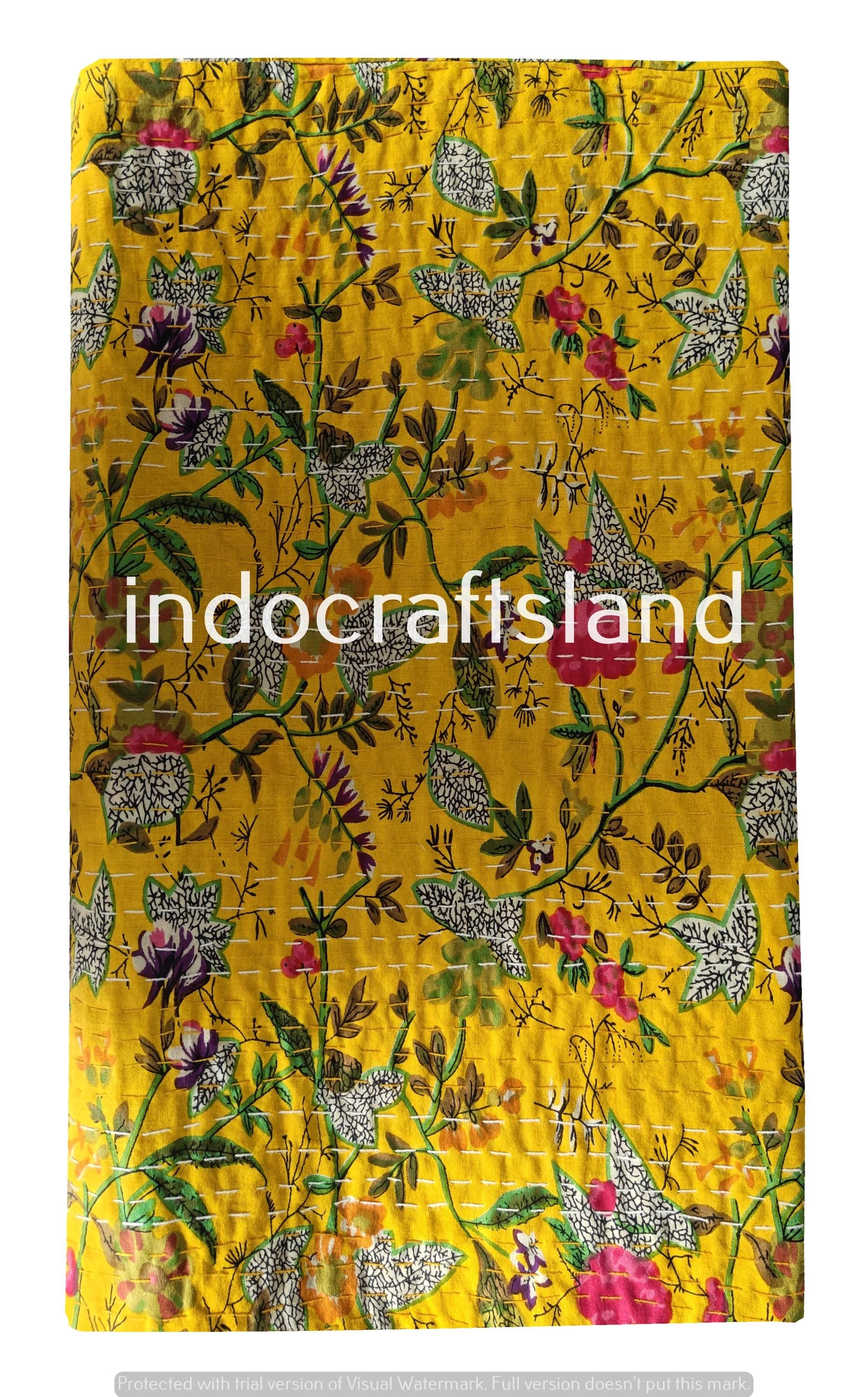 Handmade Yellow Paradise Print Indian Kantha Quilt – King & Queen Size Cotton Bedspread