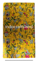 Handmade Yellow Paradise Print Indian Kantha Quilt – King & Queen Size Cotton Bedspread