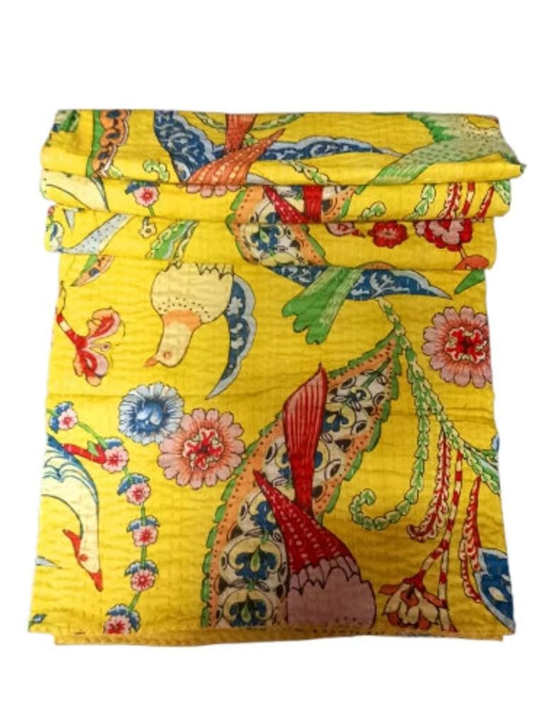 Vintage Indian Kantha Quilt Hand Printed 100% Cotton Bed Cover Bedspread Queen Size Kantha Quilt Yellow Bird print