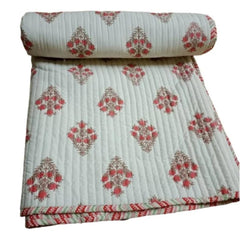 Reversible Floral Print Kantha Quilt Razai Throw Blanket Sofa Cover Bed Spread Bedding Bohemian Cotton Filling Queen Hand Block Print