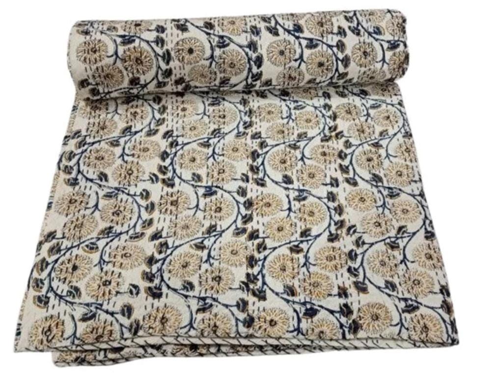 Indian Cotton Kantha Quilt Bedding Bed Cover Throw Sofa Coverlet Bedspread Queen Size Hand Block Printed Blanket Vintage Gudri