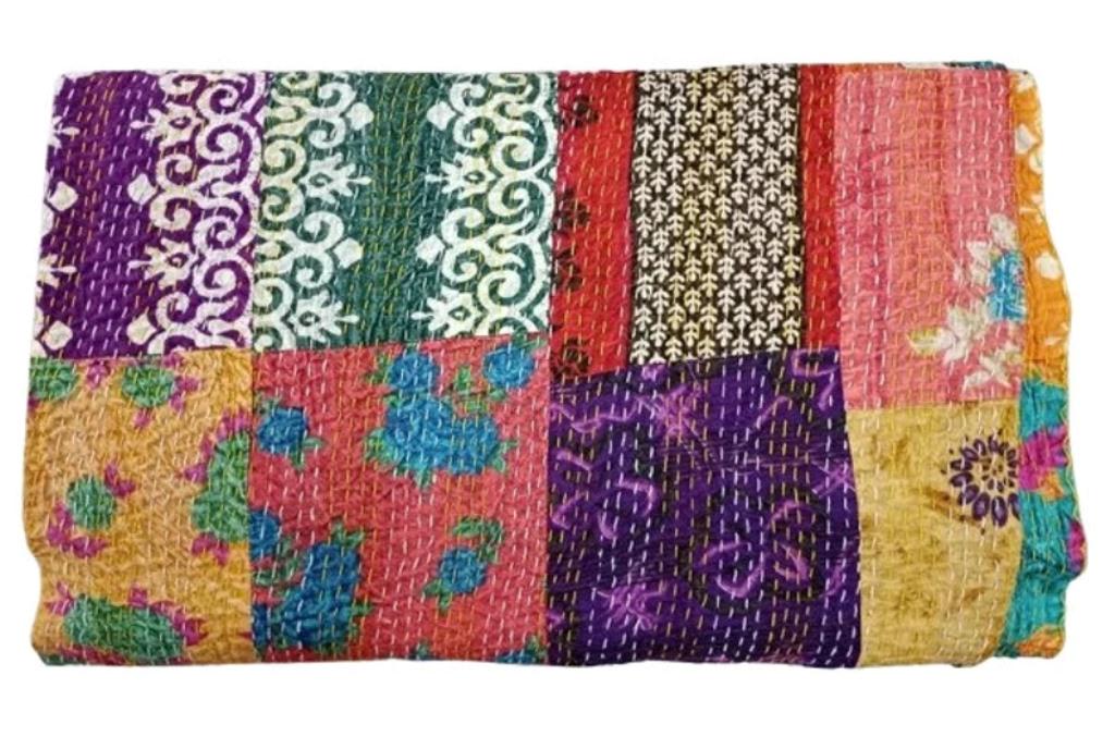 Artisan Hand-Stitched Reversible Patchwork Vintage Kantha Quilt Hand-Stitched Kantha Throw Floral Recycled Old Sari Cotton Blanket