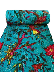 Handgemachte indische Kantha-Steppdecke, Kantha-Decke, Überwurf, Kantha, handgenähte Tagesdecke, Überwurf, Blumendruck, Einzel-/Doppelgröße, Türkis