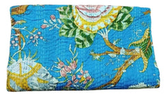 Indian Kantha Quilt – Hand Sewn Double Size Bedspread & Throw with Turquoise Flower Print