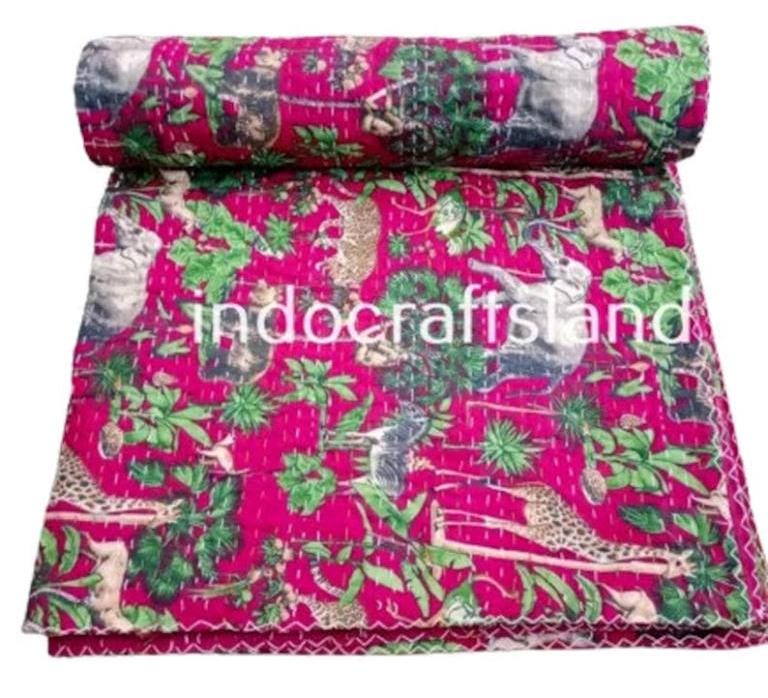 Indian Kantha Quilt – Hand Block Animal Print Cotton Blanket, Twin/Queen/King Size