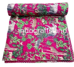 Indian Kantha Quilt – Hand Block Animal Print Cotton Blanket, Twin/Queen/King Size
